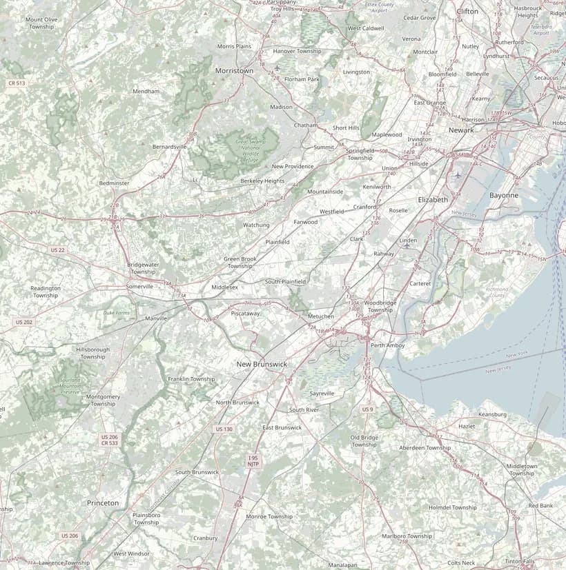 A map of central New Jersey showing A&J's yard in South Plainfield and the towns they work in most days